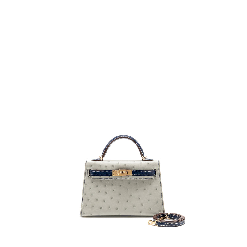 Hermes Mini Kelly Special Order Ostrich Gris Perle/Blue Iris LGHW Stamp U