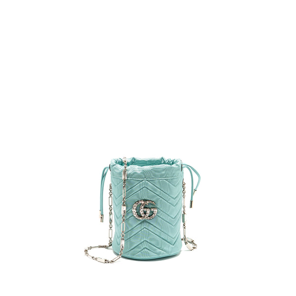 Gucci GG Marmont silk bucket crystal chain bag Fabric/ Crystal Light Blue SHW
