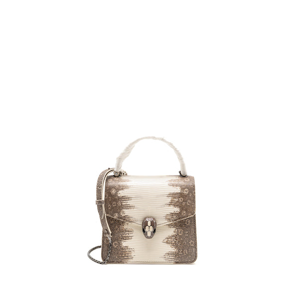 Bvlgari Top Handle Serpenti Forever Crossbody Bag Shiny Lizard White/Multicolour Black Hardware
