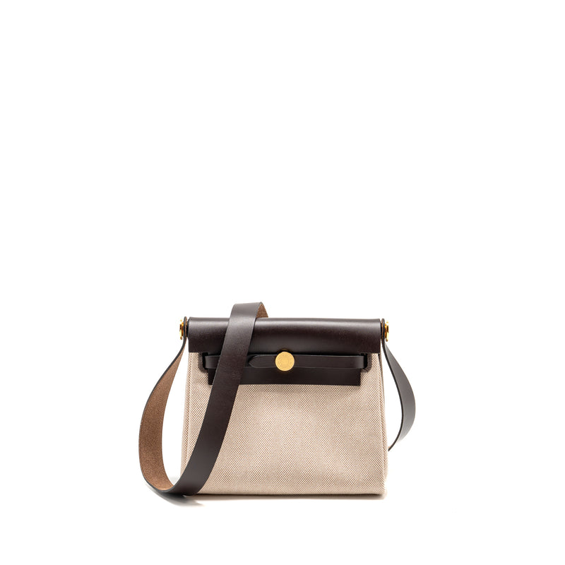 Hermes Herbag Mini Canvas/Hunter Leather Ecru-Beige/Ebene GHW Stamp W