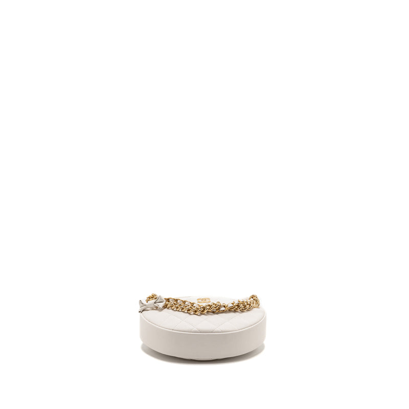 Chanel 24S Mini Round Bow Pouch Bag with Chain Caviar White GHW (Microchip)