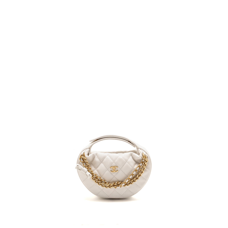 Chanel 24S Mini Round Bow Pouch Bag with Chain Caviar White GHW (Microchip)