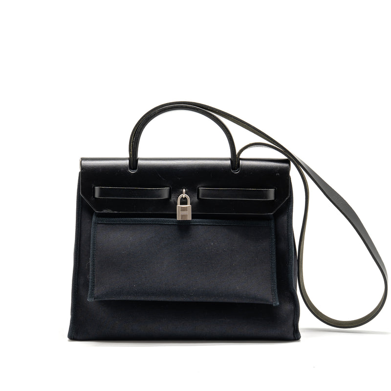 Hermes Herbag 31 Zip Bag Canvas/Hunter Leather Black SHW Stamp Square H
