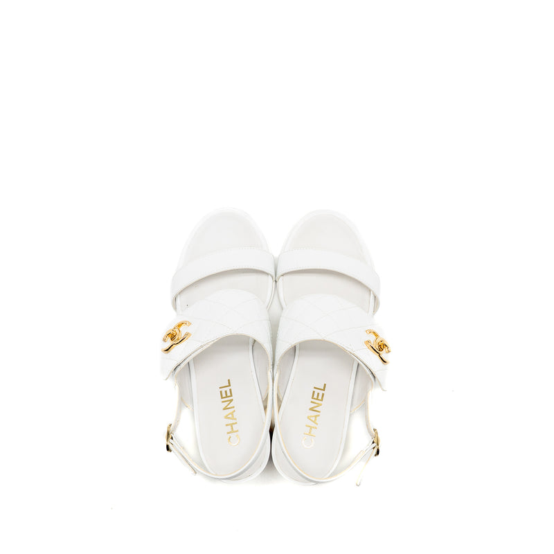 Chanel Size 37 23P CC Logo Sandals Patent Goatskin White GHW