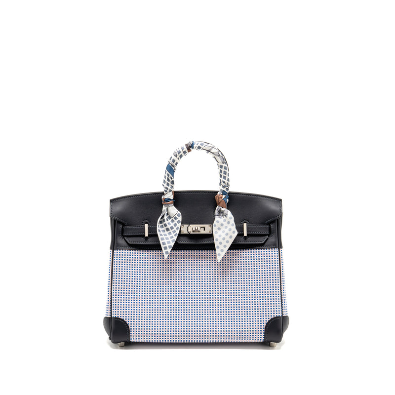 Hermes Birkin 25 Toile Quadrille/Swift Ecru Mauve/Bleu Bill/Caban SHW Stamp B