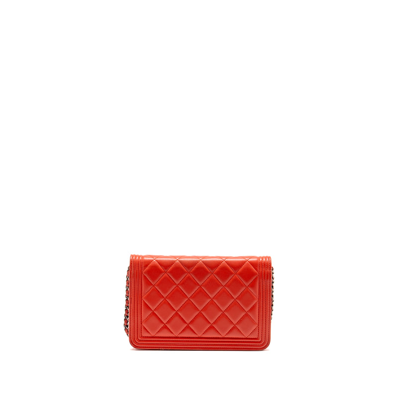 Chanel Boy Wallet On Chain Lambskin Red Ruthenium Silver Hardware