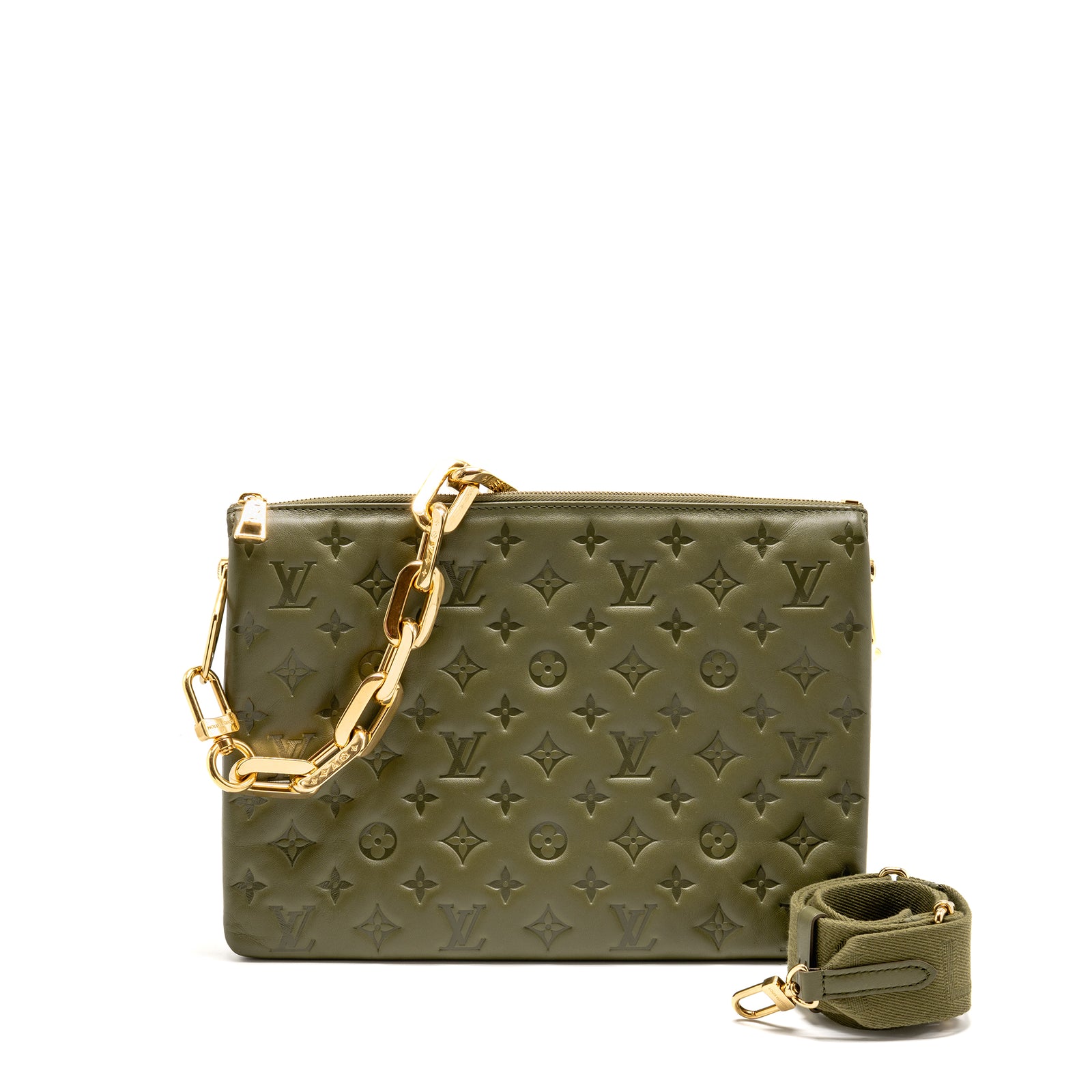 Louis Vuitton Coussin MM Monogram-embossed Puffy Lambskin Khaki GHW