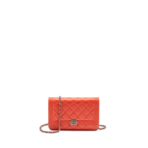 Chanel Boy Wallet On Chain Lambskin Red Ruthenium Silver Hardware