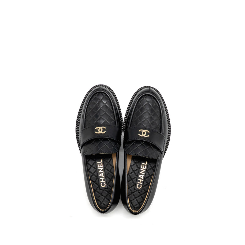 Chanel Size 37.5 CC Quilted Loafers Leather Black LGHW