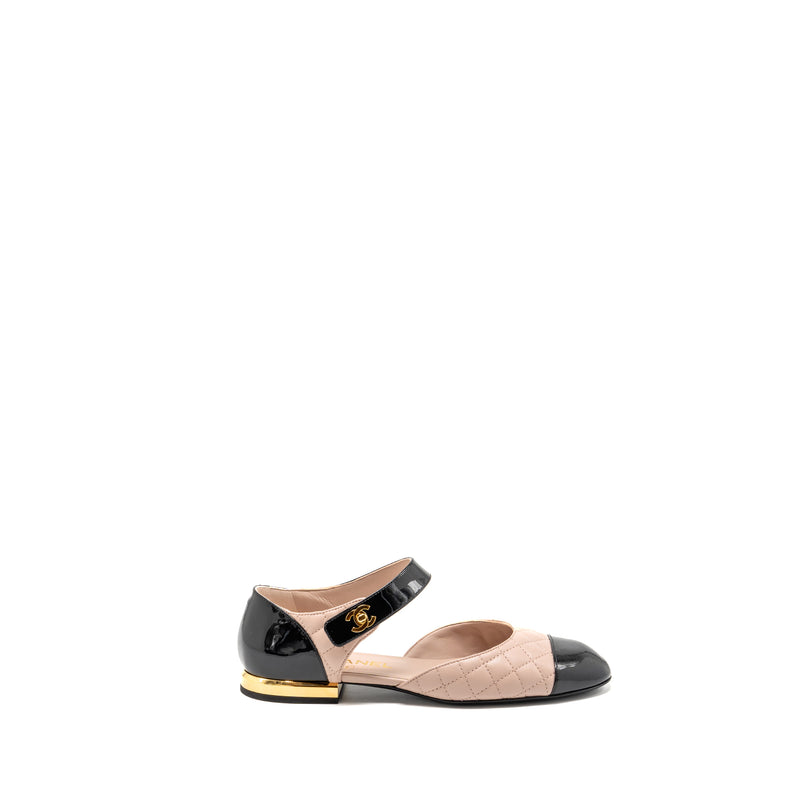 Chanel Size 37.5 Mary Janes Ballet Flats Leather/Patent Black/Light Pink GHW