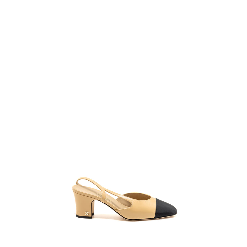 Chanel Size 37 Slingbacks shoes goatskin/Grosgrain Black/Beige