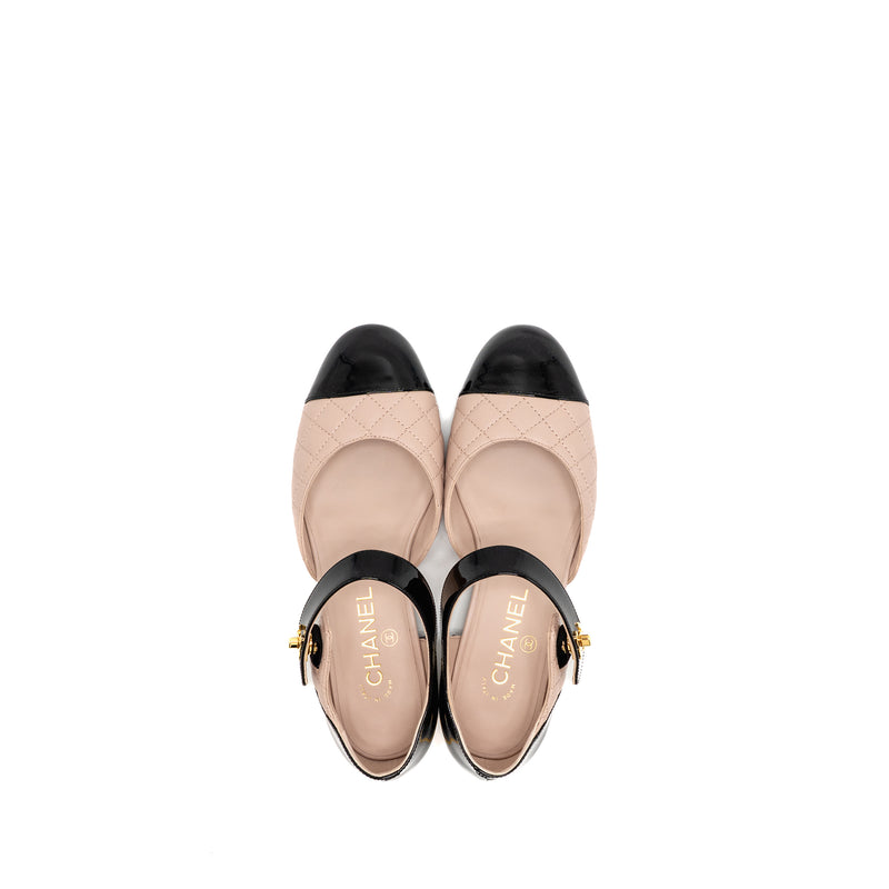 Chanel Size 37.5 Mary Janes Ballet Flats Leather/Patent Black/Light Pink GHW