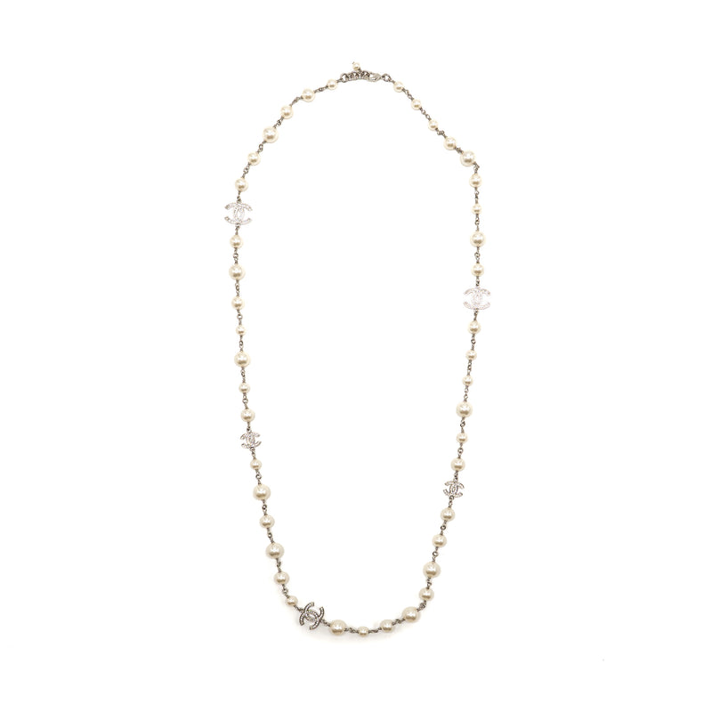 Chanel Pearl and CC Logo with Crystal Long Necklace Silver Tone