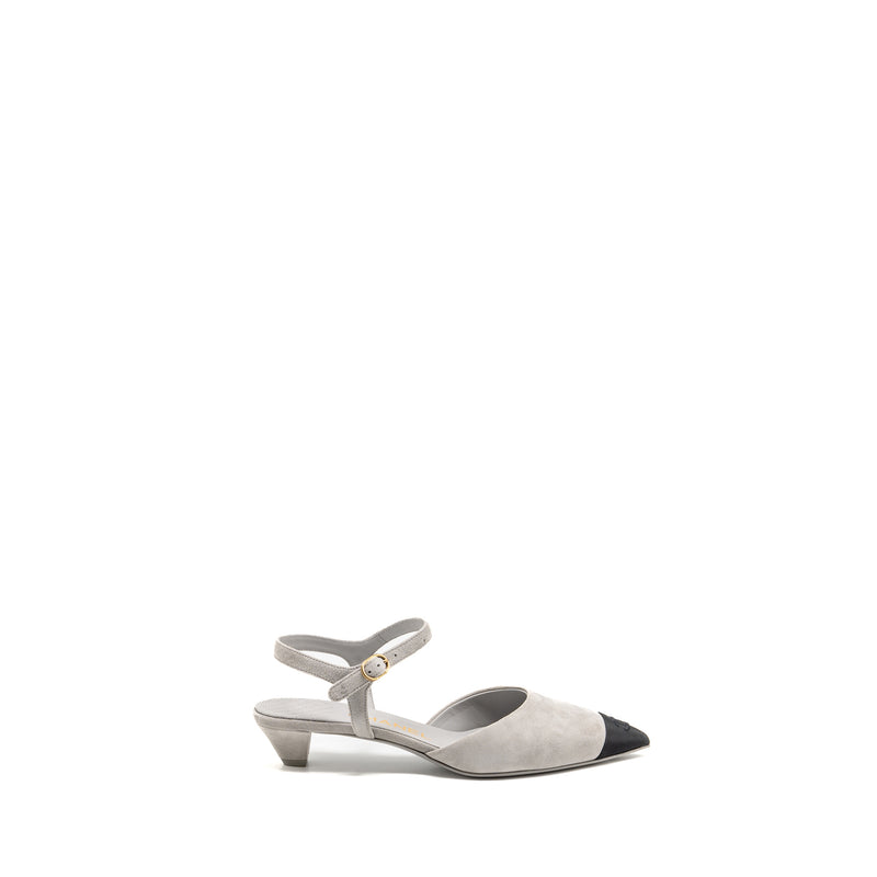 Chanel Size 37 Slingbacks shoes suede kidskin/grosgrain Black/light grey GHW