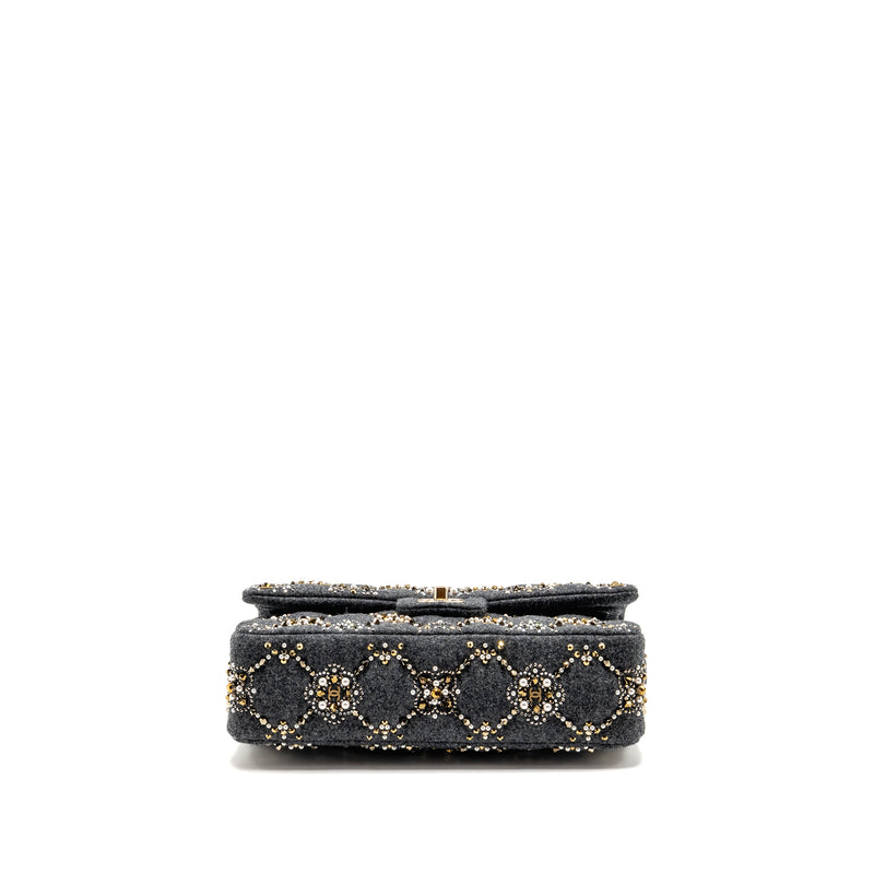 Chanel 21A pearl strass crystal medium classic double flap bag fabric grey LGHW
