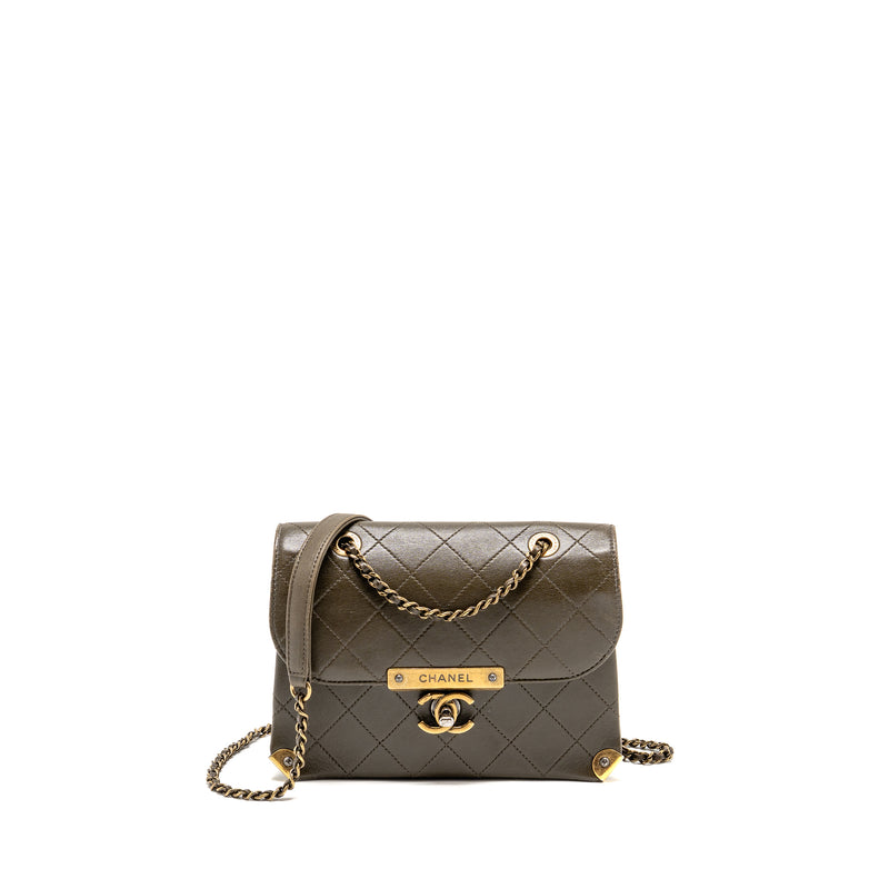 Chanel Quilted Messenger Flap Bag Lambskin Olive Green Multicolour Hardware