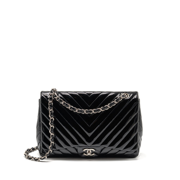 Chanel chevron jumbo single flap bag patent black SHW
