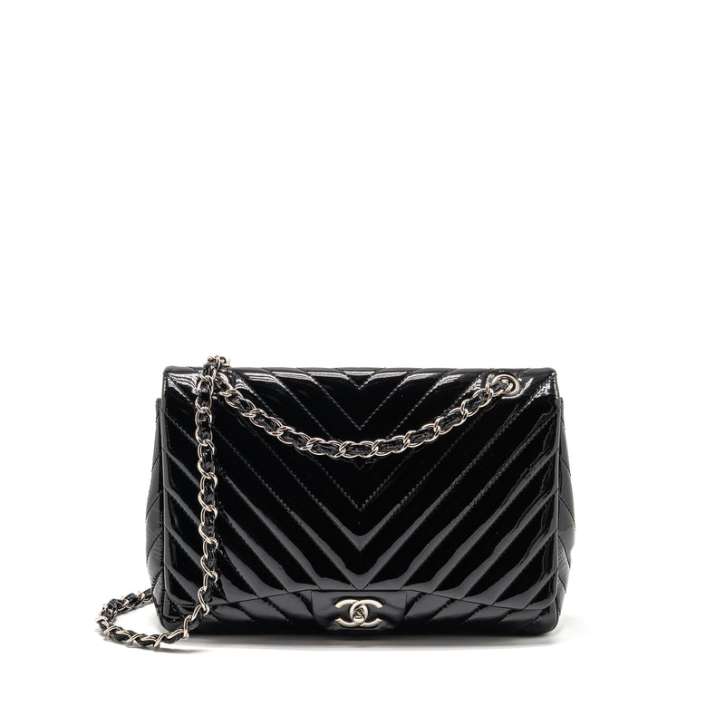 Chanel chevron jumbo single flap bag patent black SHW