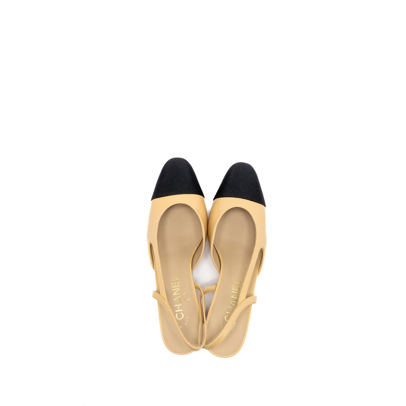 Chanel Size 37 Slingbacks shoes goatskin/Grosgrain Black/Beige