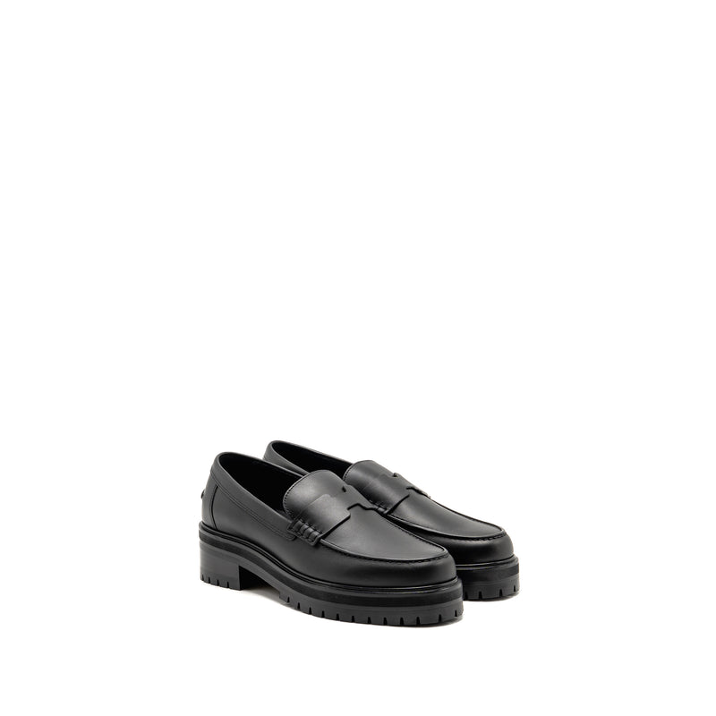 Hermes Size 37 Mocassins Hitch Loafer Glazed Calfskin Black