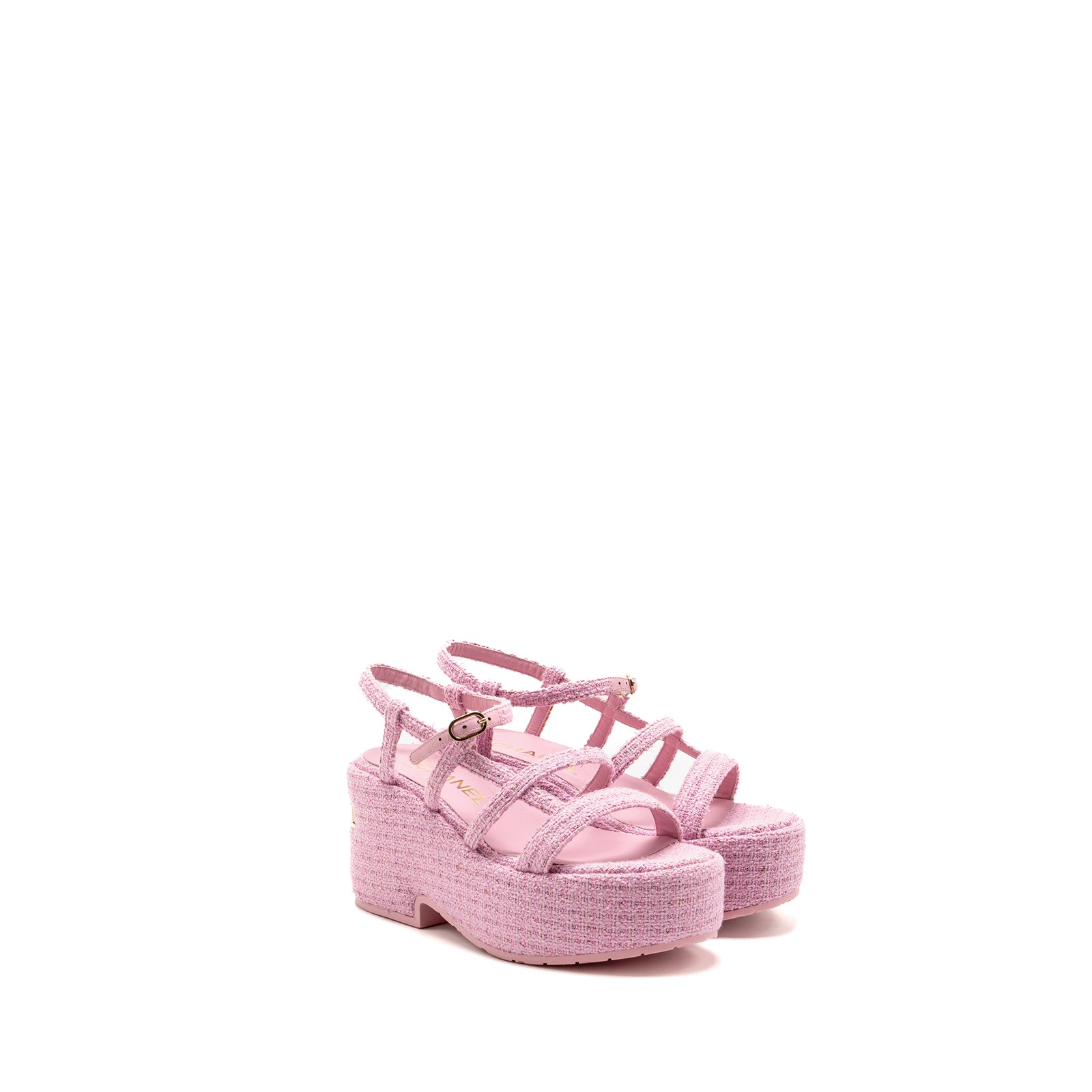Chanel Size 35 23C Platform Sandals with Logo Tweed Pink GHW
