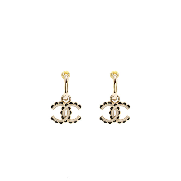Chanel CC drop earrings black / white/ light gold tone