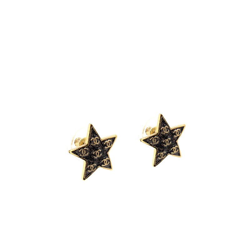 Chanel CC Star Stud Earrings Glitter Multicolour Gold Tone