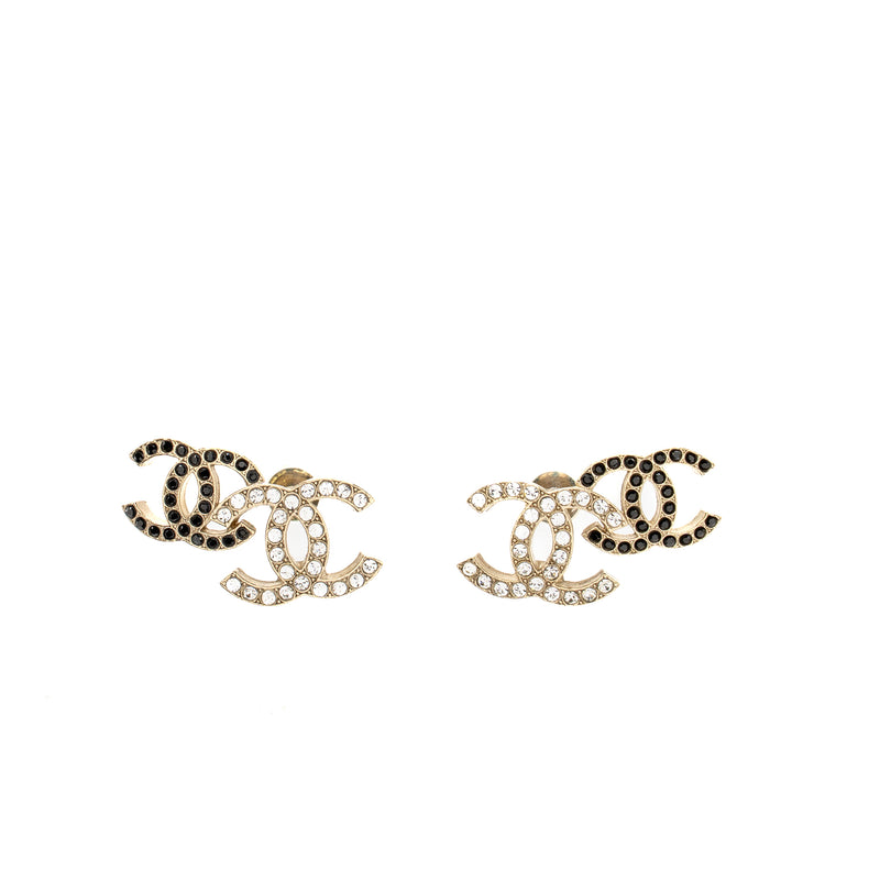Chanel Double CC Earrings Crystal Light Gold Tone