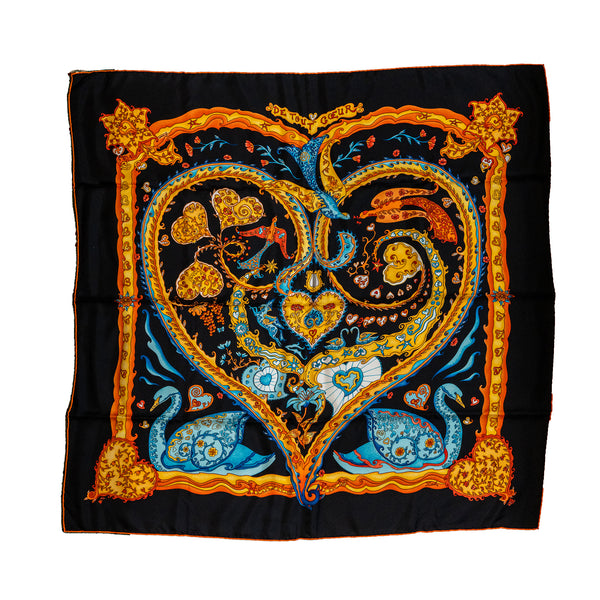 Hermes 90cm Silk Scarf De Tout Coeur Black/Orange/turquoise
