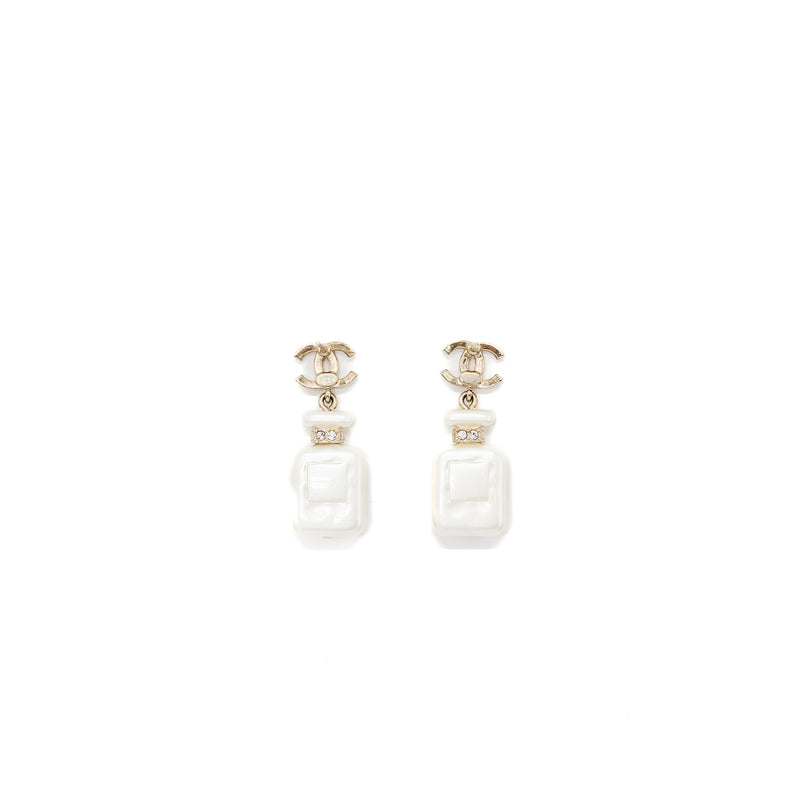 Chanel No.5 Perfume Bottle Earrings Crystal Light Gold Tone
