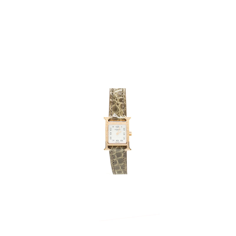 Hermes Heure H Watch Mini Model, 21MM Rose Gold with diamonds, Alligator strap Gris Elephant Grey