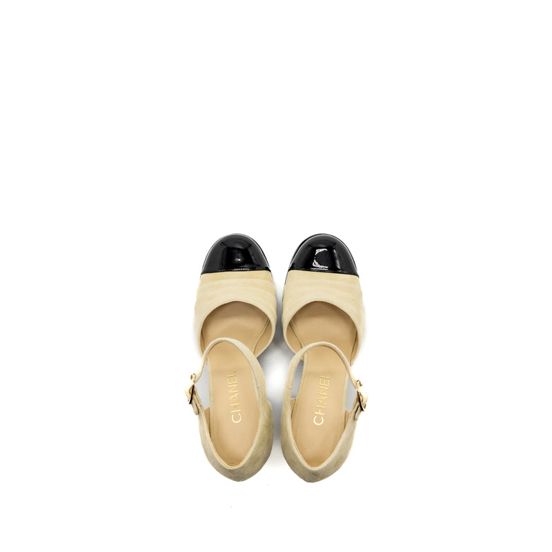 Chanel Size 38 open High Platform Shoe suede / Paten / Calfskin Ivroy  / Black GHW