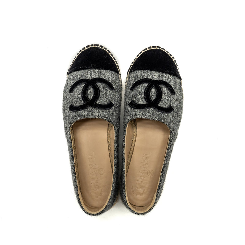 Chanel Size 36 16A CC Logo Espadrilles Tweed/Velvet Grey/Black