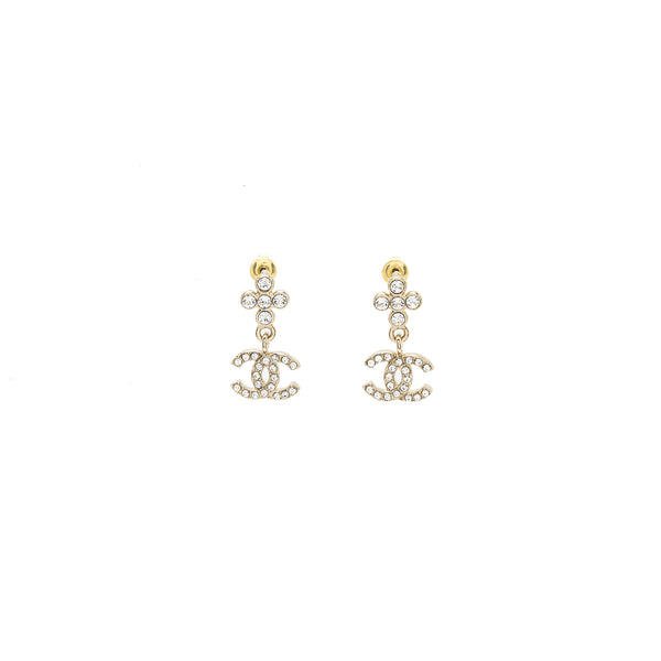 Chanel CC Logo Dropped Earrings Crystal Light Gold Tone