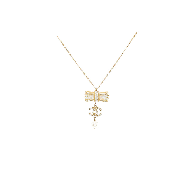 Chanel Bow/Pearl/CC Logo Necklace Light Gold Tone