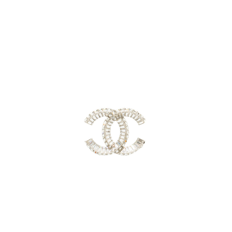 Chanel classic CC logo Brooch Crystal silver tone