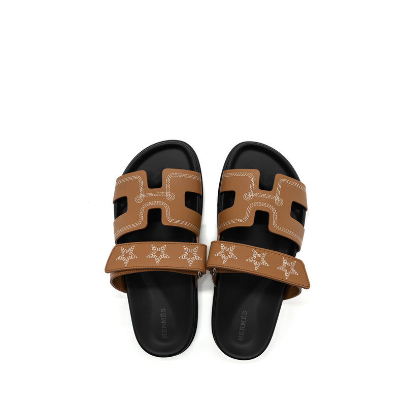 HERMES SIZE 38.5 CHYPRE SANDALS Star embroidered in NATURAL