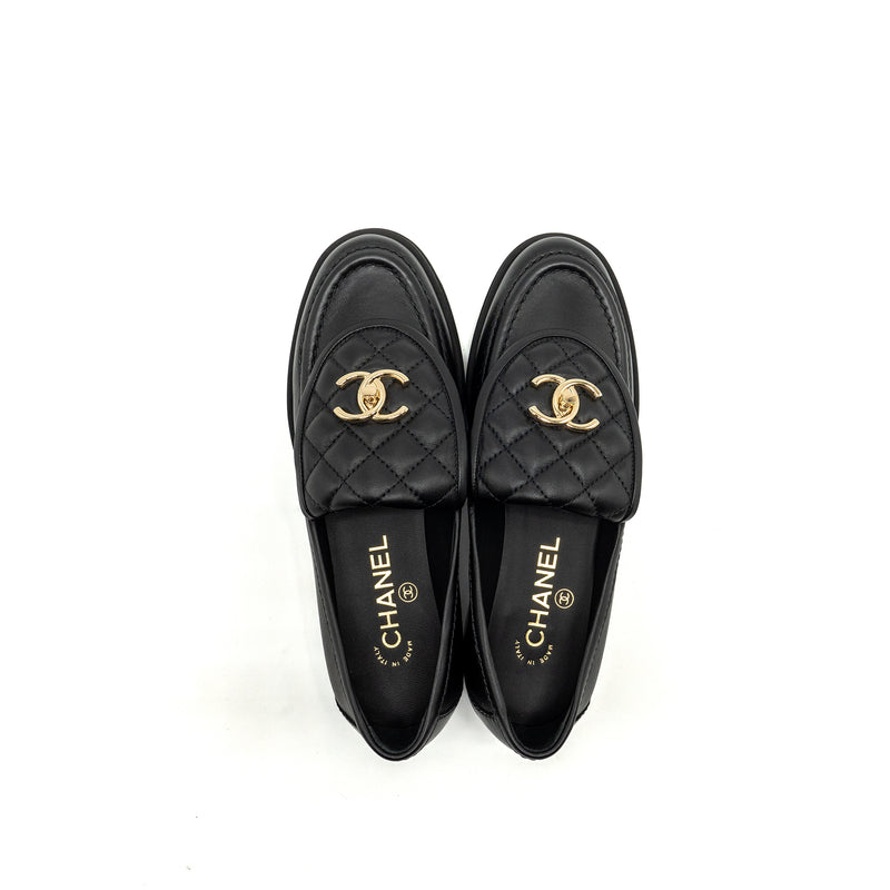 Chanel Size 37 CC Turnlock Loafers Quilted Leather Black LGHW