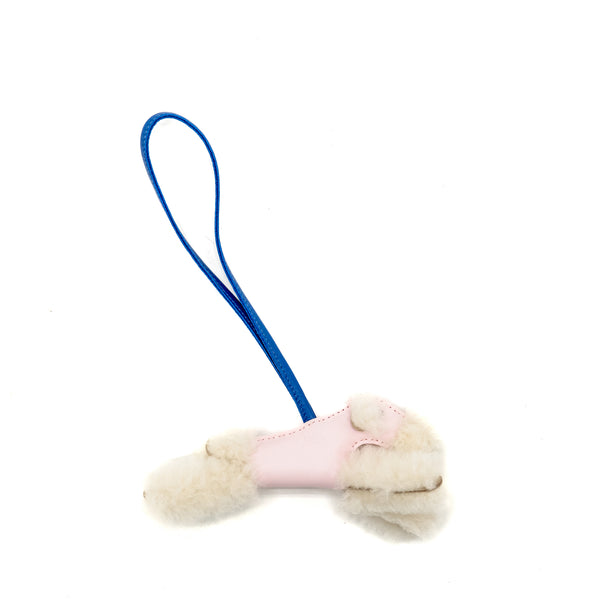 Hermes Budy Shearing Bag Charm Wool/Lambskin Rose Darling/Blue France Stamp K