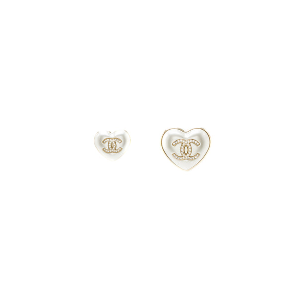 Chanel 21K 2 Pins Ivory Heart Brooch Pearl/Crystal LGHW