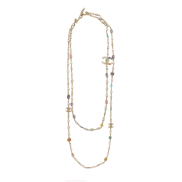 Chanel CC Logo Double Chain Long Necklace Pearl/Crystal Multicolour