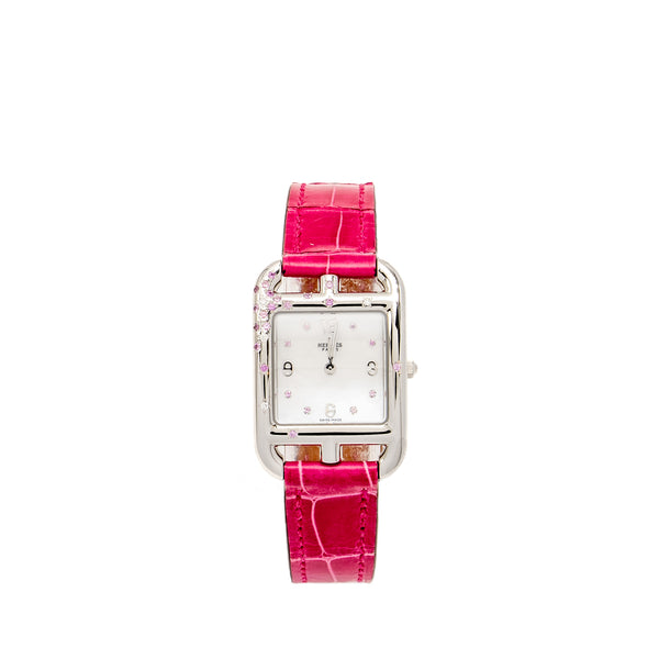 Hermes Cape Cod Watch Small Model 31mm Steel Case Mother of Pearl Dial with Diamonds Alligator Raspberry Strap