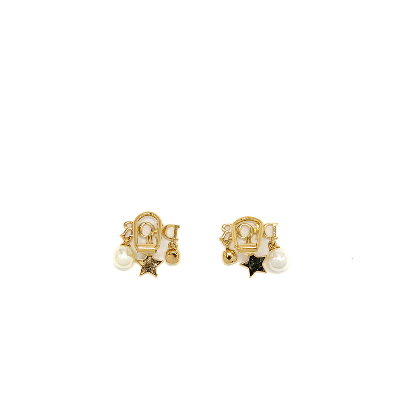 Dior CD Logo Ear Clips Pearl Gold Tone