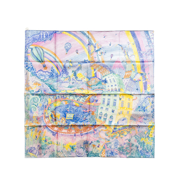 Hermes 90x90 cm Silk Scarf Les Folies Ju Faubour Rose/Bleu/Vert