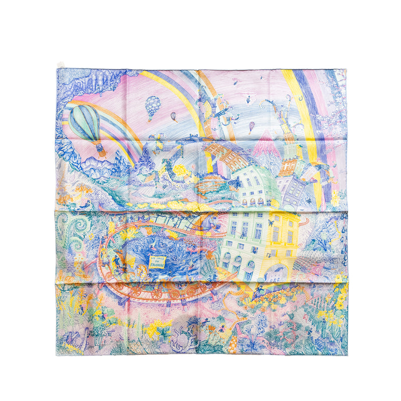 Hermes 90x90 cm Silk Scarf Les Folies Ju Faubour Rose/Bleu/Vert