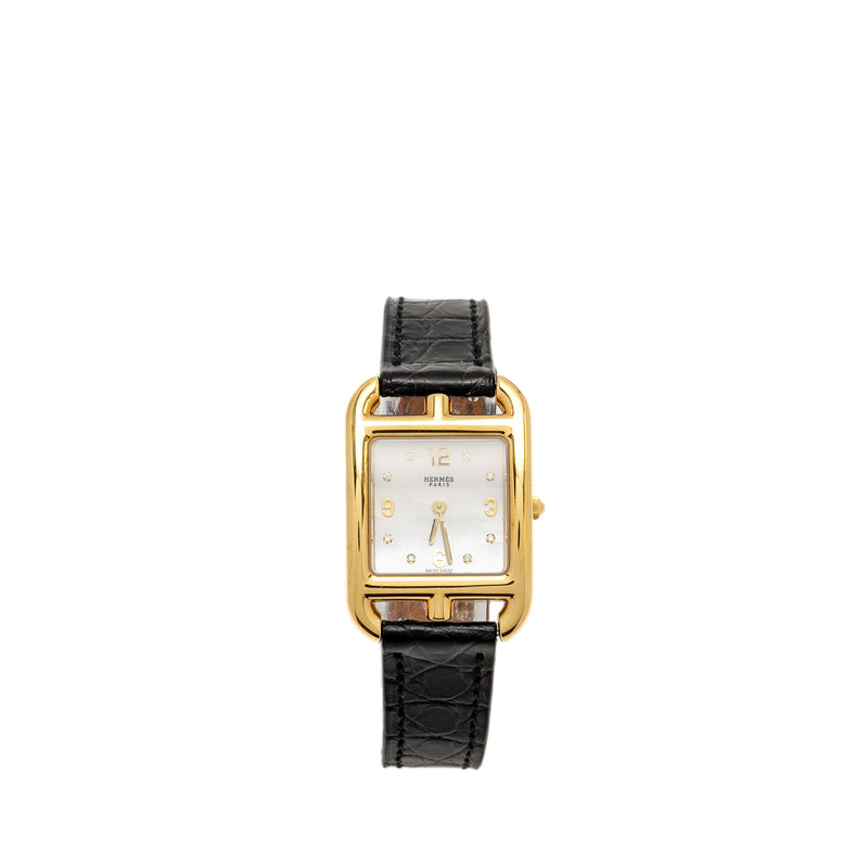 Hermes Cape Cod Watch Small Model 31mm Yellow Gold Mother of Pearl Dial Alligator Strap Black with Diamonds