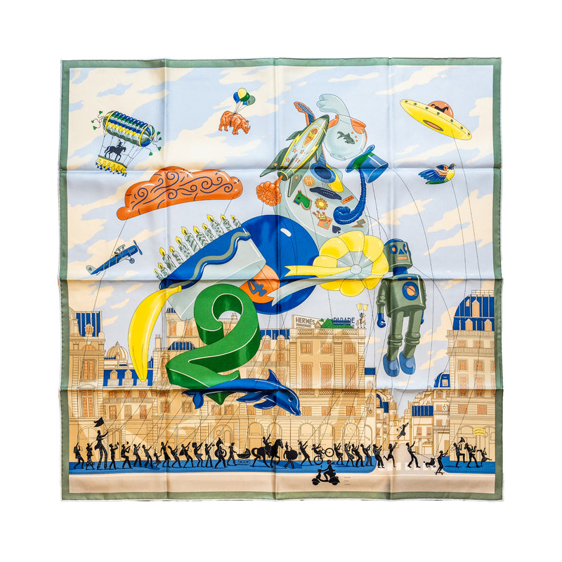 HERMES 90cm Silk Scarf Hermes Parade Blue Ciel/Blue Fonce/Vert/Jaun