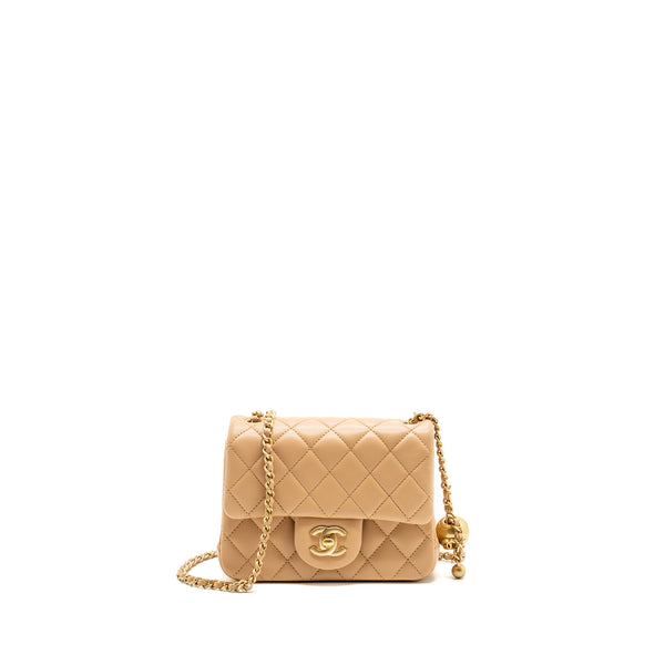 Chanel 23K Pearl Crush mini square Flap bag lambskin beige GHW (Microchip)