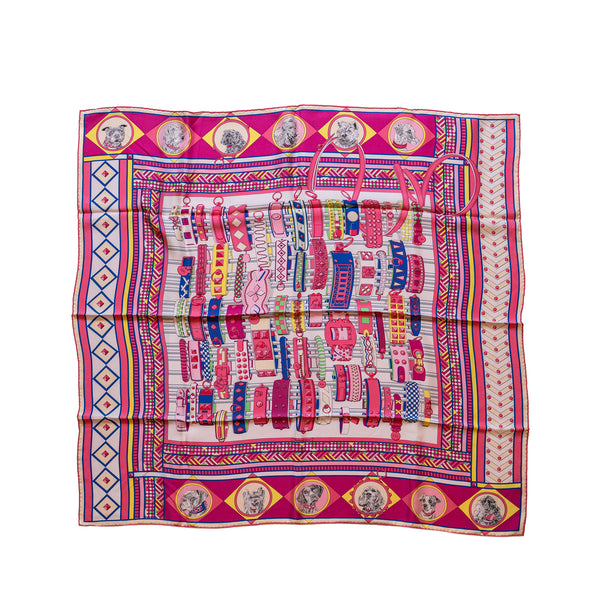 Hermes 90cm Silk Scarf Carrie Wash Rose/Bleu/jaune
