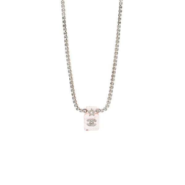 Chanel Perfume Bottle Necklace Crystal Silver Tone